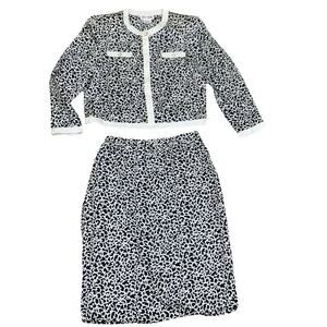 Vtg 90s Maggy London 100% Silk Ivory Black Two Pieces Set suit Midi skirt sz 12